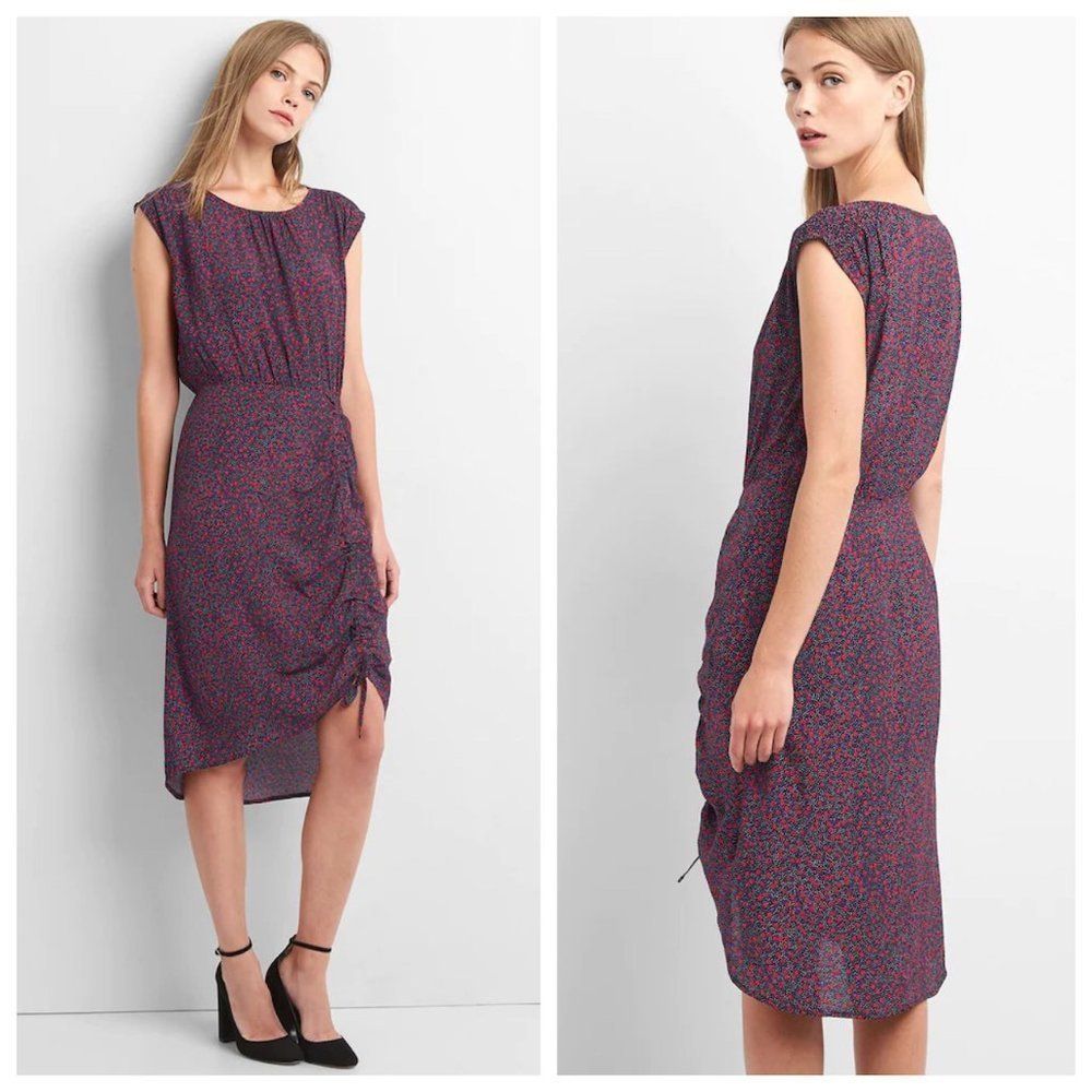 NWOT GAP Navy Blue & Red Cap Sleeve Ruched Dress